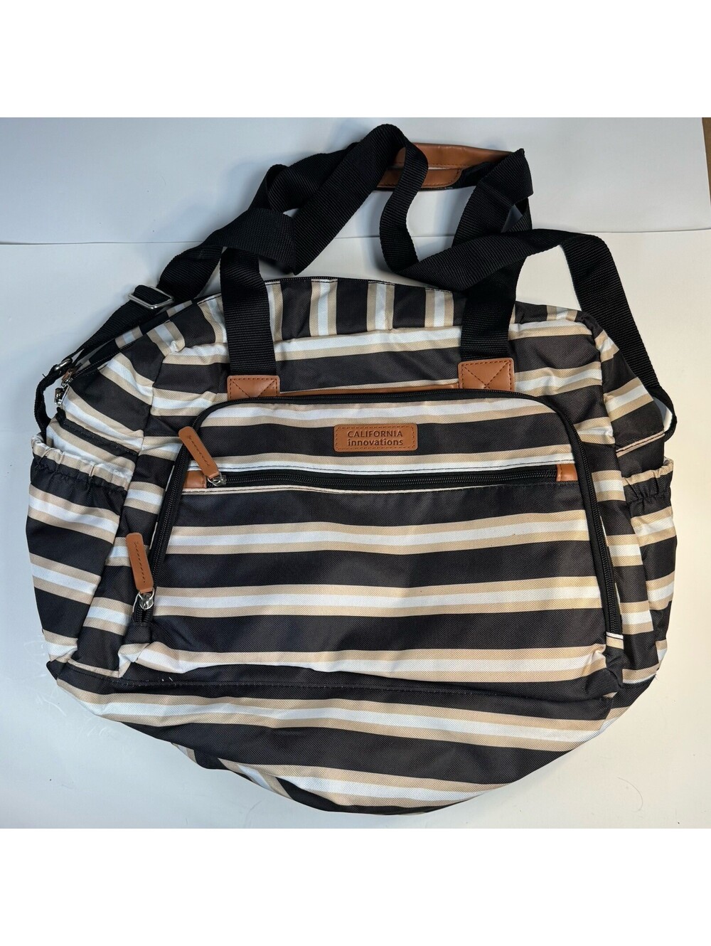 California Innovations Insulated Cooler Tote Bag Striped Black Tan Travel Lunch